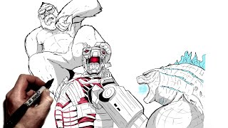 How To Draw Mechagodzilla vs Kong amp Godzilla  Step By Step  Godzilla vs Kong [upl. by Norreht]