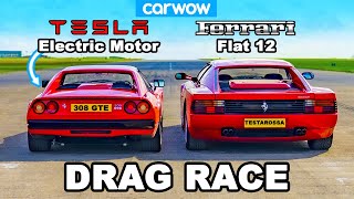 Teslapowered Ferrari 308 GTS v Ferrari Testarossa DRAG RACE [upl. by Vinay]