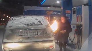 Woman sparks fire trying to unfreeze gas pump with lighter [upl. by Veta]