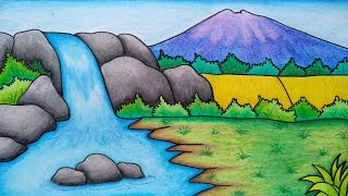 Menggambar pemandangan gunung dan air terjun  Belajar menggambar dan mewarnai dengan mudah [upl. by Airetnohs]