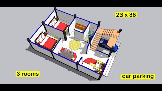 23 x 36 sqft new 3d village house plan II 2336 ghar ka naksha with car parking II 3 rooms home [upl. by Rochemont]