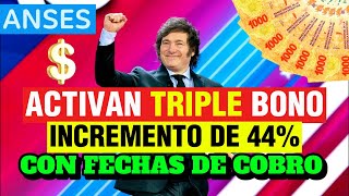 💥ANSES hoy paga TRIPLE BONO para Jubilados y 44 de Aumento para TODOS con Fechas de Cobros😮💵 [upl. by Curt]