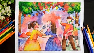 Drawing Of Holi Festival  Holi Drawing Easy amp Beautiful [upl. by Garv]