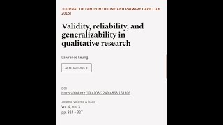 Validity reliability and generalizability in qualitative research  RTCLTV [upl. by Boote841]