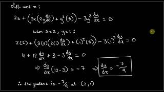 Implicit differentiation  Find equation of tangent at a point [upl. by Airamana]