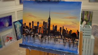 How to paint a Cityscape amp Sunset Acrylic painting tutorial [upl. by Ahsitniuq557]