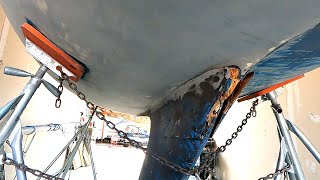 Sailboat Refit 18 fiberglassing and fairing the keel to hull joint before bottom paint [upl. by Redmond]