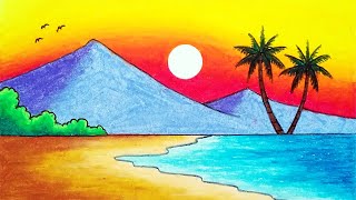 How to Draw Beautiful Sunset in the Beach  Easy Sunset Scenery Drawing [upl. by Sirc]