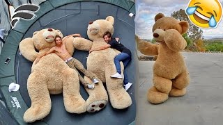 FUNNY TEDDY BEAR COSTUME TRAMPOLINE TRICKS [upl. by Neitsirk]