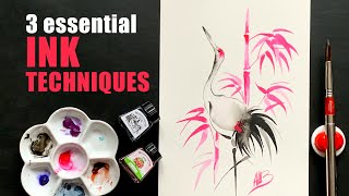 3 ESSENTIAL INK TECHNIQUES 🎨 Inktober practice Winsor amp Newton Ink Painting Tutorial for Beginners [upl. by Odlanier]