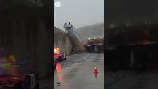 Truck flips over overpass in California lands atop other vehicles  USA TODAY Shorts [upl. by Mackler]