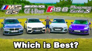 BMW M5 CS v AMG GT v Audi RS6 v Porsche Panamera REVIEW amp 060mph 14 mile brake amp drift test [upl. by Esinad]