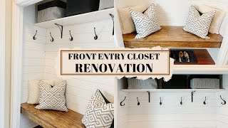 FRONT ENTRY CLOSET RENOVATION  SHIPLAP ACCENT WALL  CUSTOM MADE FLOATING BENCH [upl. by Ignace]