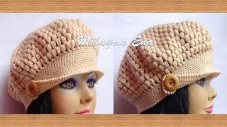 Como tejer la Boina N° 15 a crochet con visera para niñas y mujer en punto garbanzo paso a paso [upl. by Holzman]