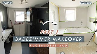 Badezimmer Room Makeover  alte Fliesen spachteln  Umbau mit Beton Design Optik im Bad  EASY ALEX [upl. by Cumine616]