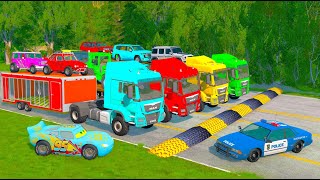 TRANSPORTING PIXAR CARS  Cars VS SpeedBumps VS Train  Multi Flatbed Trailer Truck BeamNGDrive 06 [upl. by Keiryt]