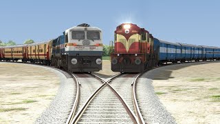 Two Diesel Trains Crossing each other at Same Track — Forked Railroad [upl. by Notsirt]