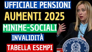 CONFERMATO PENSIONI AUMENTI 2025 MINIME SOCIALI INVALIDI ESEMPI TABELLE CON IMPORTI E PERCENTUALE [upl. by Wamsley]