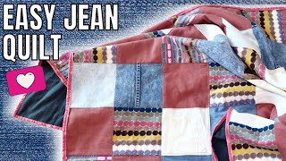 HOW TO MAKE A JEAN QUILT Beginner Sewing Easy Denim Quilt Tutorial Using Old Jeans [upl. by Friedland]