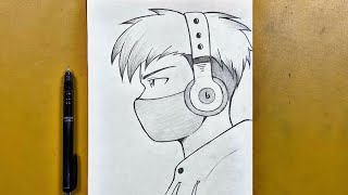 Easy anime sketch  how to draw a cool boy wearing headphones stepbystep [upl. by Isbel]