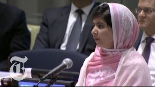 Malala Yousafzai UN Speech Girl Shot in Attack by Taliban Gives Address  The New York Times [upl. by Atnauqahs]