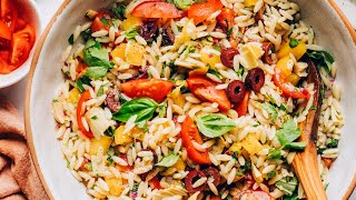 MediterraneanInspired Orzo Pasta Salad  Minimalist Baker Recipes [upl. by Itsrik]