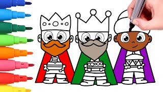 Cómo dibujar a los 3 REYES MAGOS 👑🌈 Colorear Navidad para niños [upl. by Dranyl]