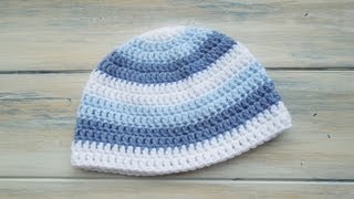 Crochet How To  Crochet a newborn baby boy stripey beanie [upl. by Allard]