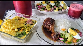 ALMUERZO ECUATORIANO COMPLETO Locro  arroz con pollo a la coca cola con ensalada de vainitas [upl. by Nedyarb]