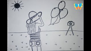 How to Sketch a Girl With Balloons Camera  How to Draw a girl with balloons camera [upl. by Neiht]