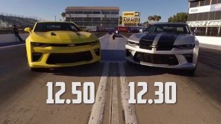 2016 Chevy Camaro SS Drag Test Auto vs Manual with Jeff Lutz at the Wheel [upl. by Koslo]