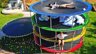 LAST TO LEAVE TRAMPOLINE TOWER WINS EXTREME TRAMPOLINE PARK CHALLENGE [upl. by Luaped]