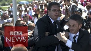 Srebrenica Serb PM Vucic flees ceremony  BBC News [upl. by Misab]