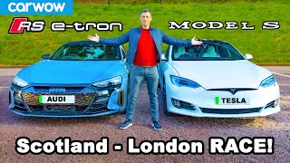 Audi RS etron GT v Tesla Model S 571mile ScotlandtoLondon RACE amp REVIEW [upl. by Gerrilee]