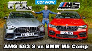 BMW M5 Comp vs AMG E63 S review amp 060mph 14mile brake and drift comparison [upl. by Asilet]