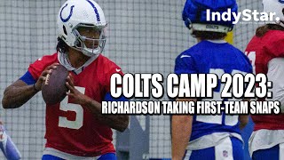 Colts Camp 2023 Richardson takes 1st team snaps offensive line jelling [upl. by Ahsekel]