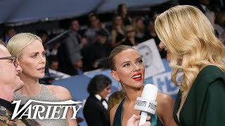 Scarlett Johansson amp Charlize Theron Crash Laura Derns Red Carpet Interview [upl. by Anecuza577]