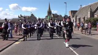 Parade through Forres in Moray Scotland by Forres Pipe Band to Highland Games July 2018 [upl. by Ssidnac]