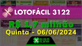 Resultado da Lotofácil 3122 Quintafeira 06062024  GIGASENA [upl. by Emmalee527]