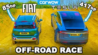 Tesla Model X v Fiat Panda Cross UPHILL DRAG RACE amp which is best OFFROAD [upl. by Nnairek]