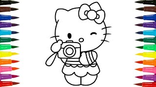 A Cute hello kitty with camera draw and colour and painting  Easy hello kitty drawing [upl. by Nivlem]