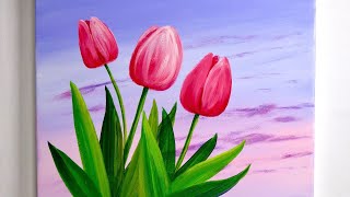 Easiest Way to Draw Tulip Flower  Acrylic Painting for beginner [upl. by Eyahsal]