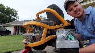 Routine maintenance for a zeroturn mower Cub Cadet ZT1  BONUS hack to get rid of used motor oil [upl. by Laeynad]