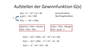 Aufstellen der Gewinnfunktion aus Nachfragefunktion Preisabsatzfunktion und Kostenfunktion [upl. by Ardel]