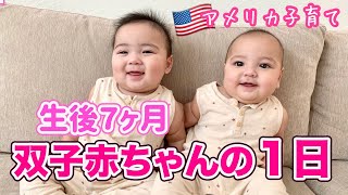 【双子育児】生後７ヶ月の双子赤ちゃんの１日ルーティン♡ アメリカ子育て｜３児ママ｜国際結婚 [upl. by Noira]