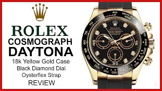 ▶ Rolex Cosmograph Daytona Yellow Gold Black Diamond Dial Oysterflex Rubber REVIEW  116518LN [upl. by Semadar]