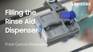 How to fill the Rinse Aid Dispenser on your Front Control or WaterWall Dishwasher  Samsung US [upl. by Himelman]