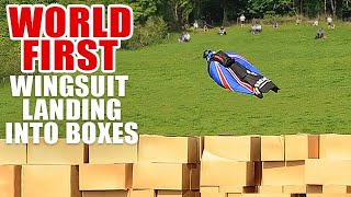 World’s First Wingsuit Landing into Boxes Without Using Parachute [upl. by Hsetirp]