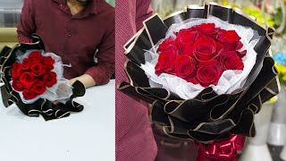 10 Red roses arrange flowers Bouquet  flower wrapping techniques  Flower Bouquet arrangement [upl. by Bolitho]