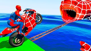 الأبطال الخارقين على القضبان دوامة قمع جسر 🚴‍♂️ SPIDER MANon Motorcycle in Spiral Bridge Stunt Rid [upl. by Neelia]